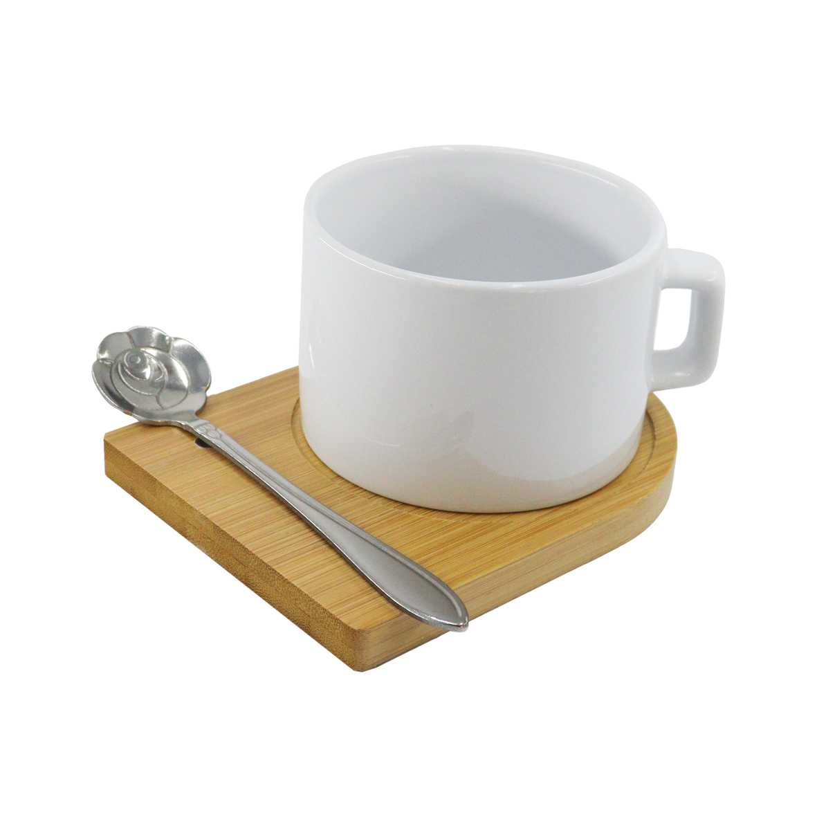 فنجان و نعلبکی چوبی بامبو همراه با قاشق فلزی مدل سابلیمیشن